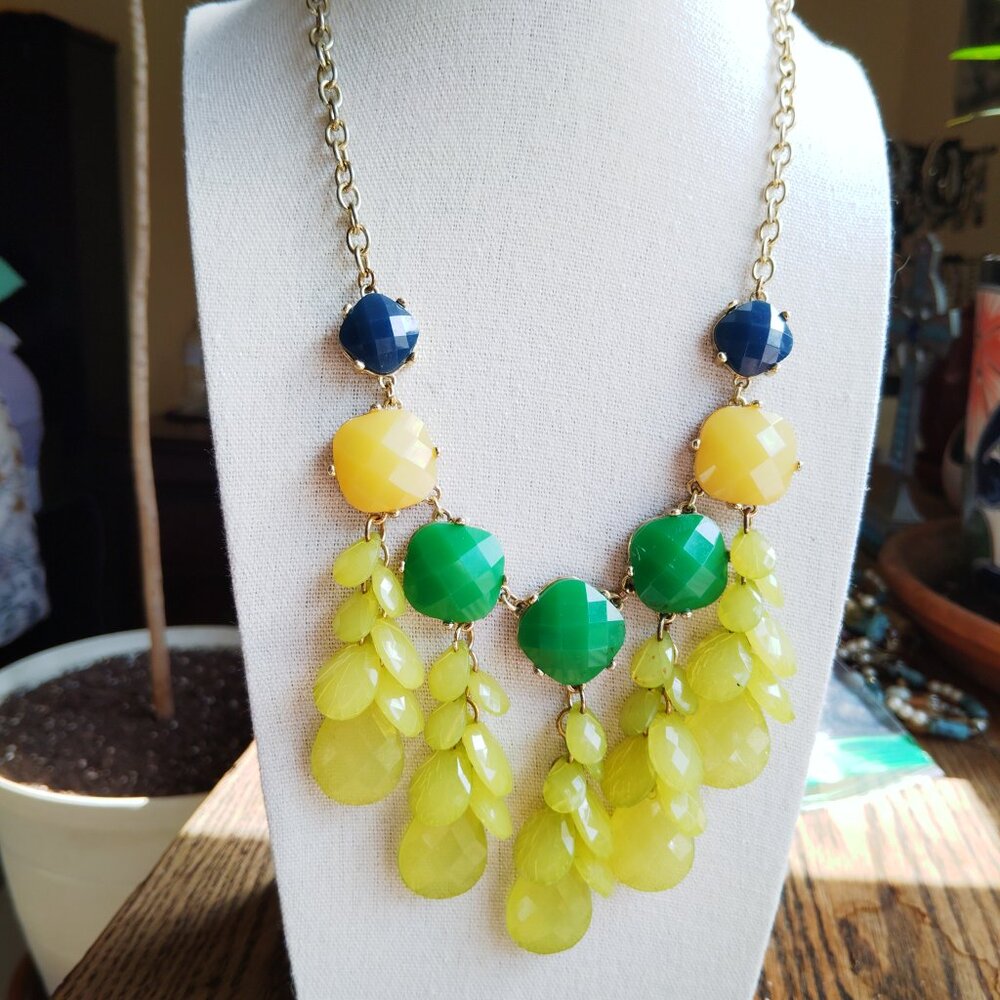 Bold Green, Yellow & Blue Acrylic Bead Statement Necklace 18-21" Long
